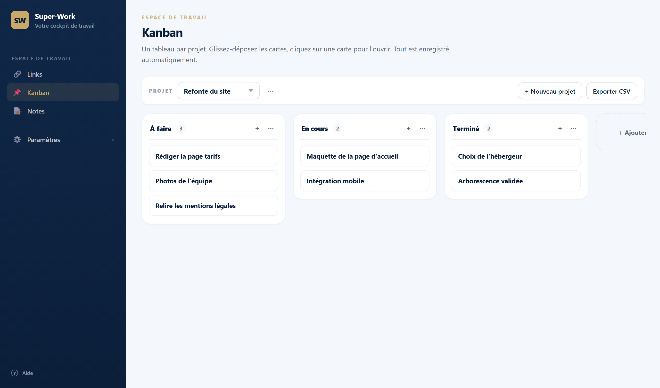 Écran Kanban : le projet « Refonte du site » avec ses colonnes À faire, En cours et Terminé.