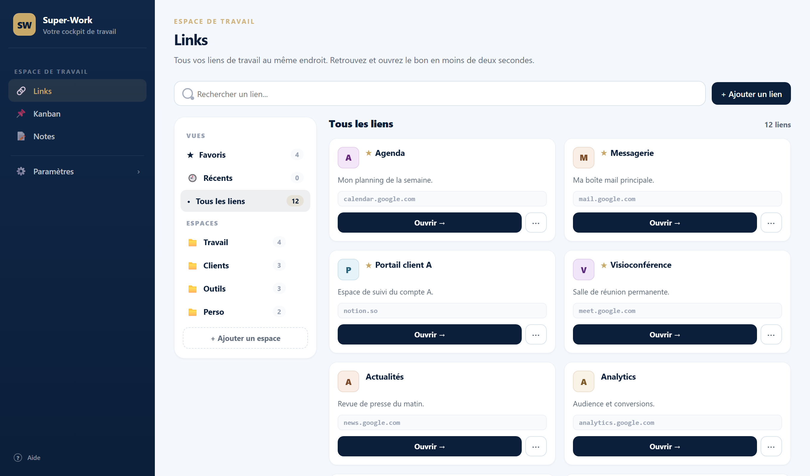 L'écran Links de Super-Work : tous les liens de travail regroupés par espace, avec une recherche instantanée.